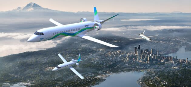 Artwork shows Zunum Aero’s hybrid electric airplanes in flight over Seattle. (Zunum Aero Illustration)