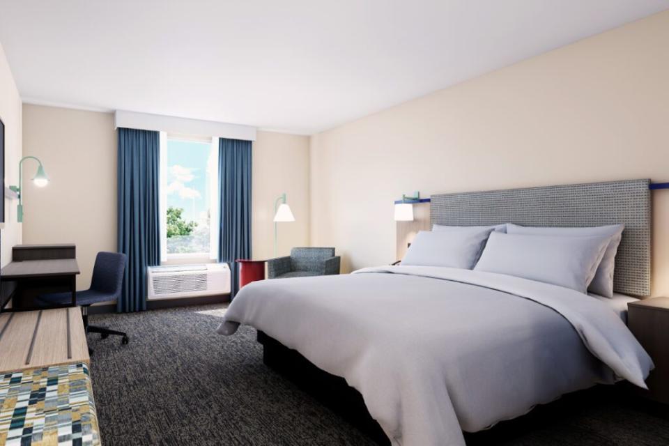 A guestroom with a king bed at Garner, the 19th hotel brand from IHG, revealed in August 2023. Source: IHG. IHG