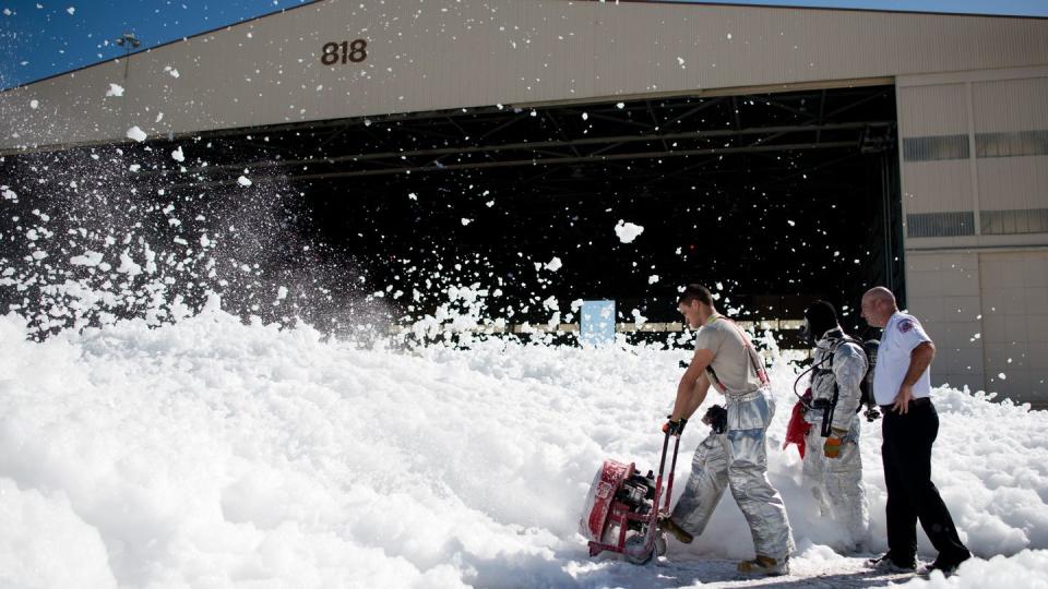 Fire-retardant foam was “unintentionally released” in an aircraft hangar at Travis Air Force Base in California on Sept. 24, 2013. “The non-hazardous foam is similar to dish soap,” says the Defense Visual Information Distribution Service. “No people or aircraft were harmed in the incident.” (Ken Wright/Air Force)