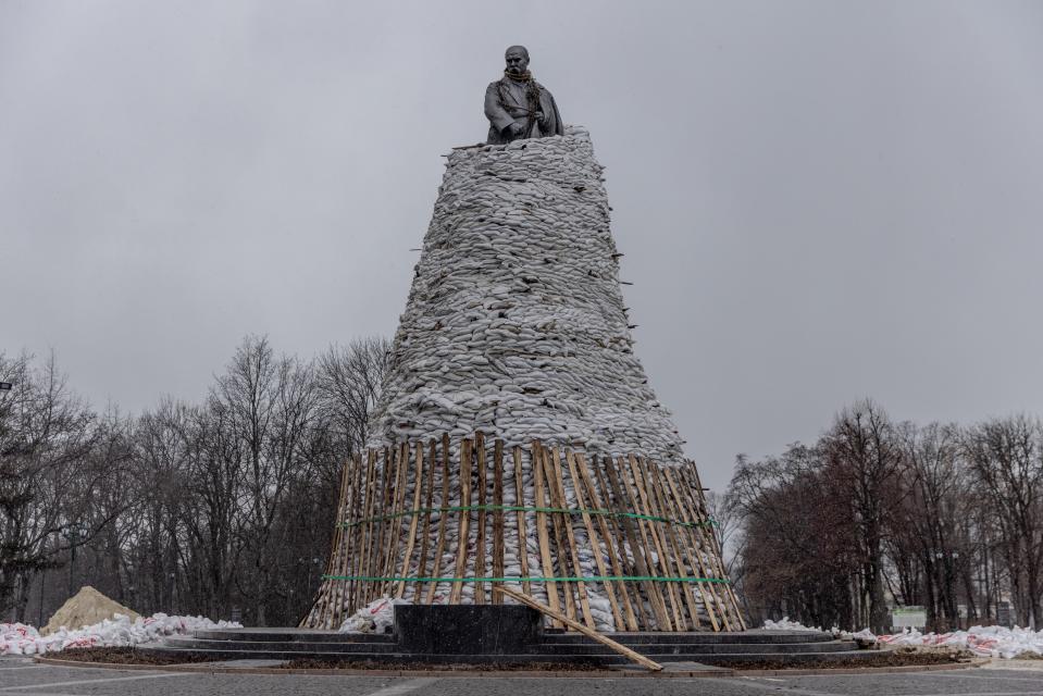 Ukraine has protected many of its statues with sandbags during the Russian invasion. Pictured: Statue of Ukrainian poet Taras Shevchenko in Kharkiv, 27 March (Getty)