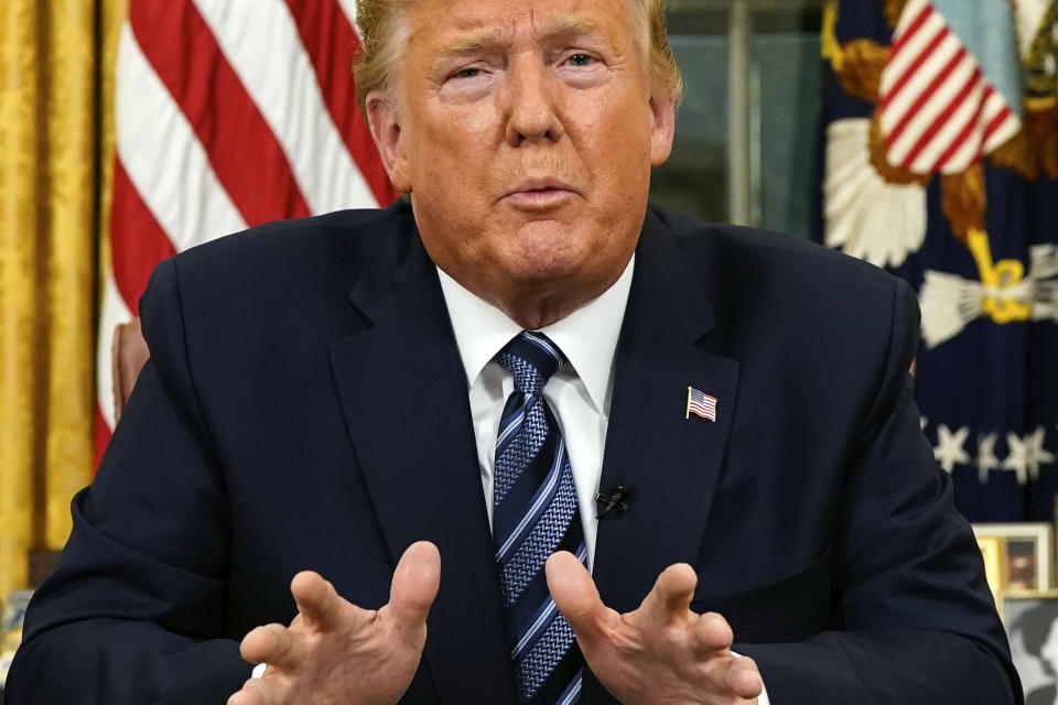 President Donald Trump speaks in an address to the nation from the Oval Office at the White House about the coronavirus Wednesday, March, 11, 2020, in Washington. (Doug Mills/The New York Times via AP, Pool)