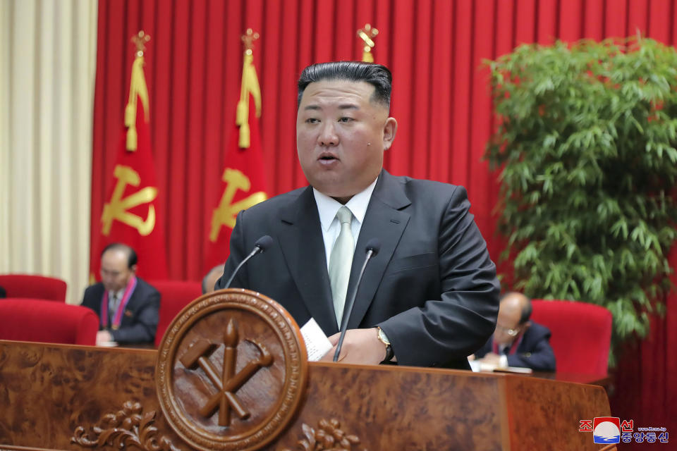 In this photo provided by the North Korean government, North Korean leader Kim Jong Un gives a lecture at the Central Cadres Training School in North Korea on Oct. 17, 2022. Independent journalists were not given access to cover the event depicted in this image distributed by the North Korean government. The content of this image is as provided and cannot be independently verified. Korean language watermark on image as provided by source reads: "KCNA" which is the abbreviation for Korean Central News Agency. (Korean Central News Agency/Korea News Service via AP)