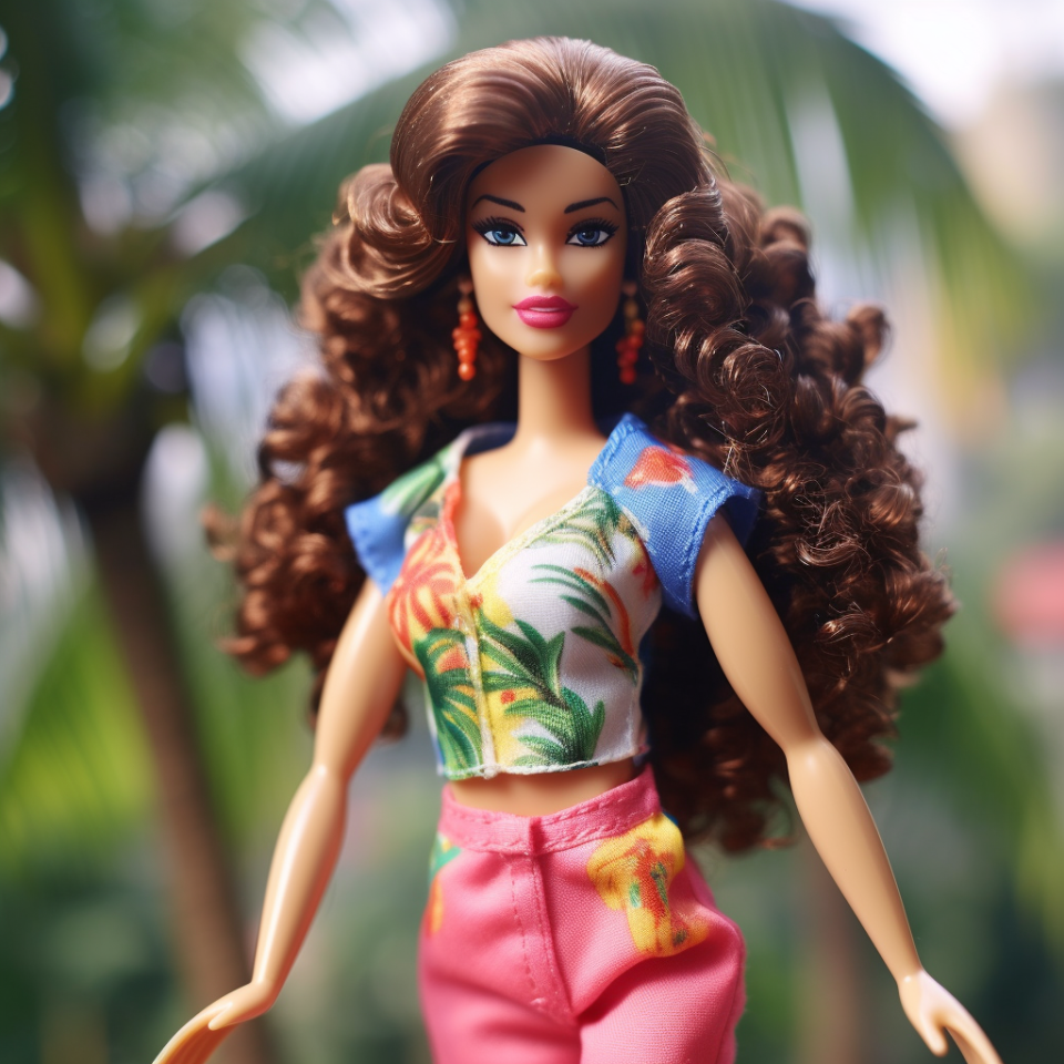 Barbie with big, curly hair standing in front of some palm trees while wearing a cropped tropical shirt with a v-neck and bright pants