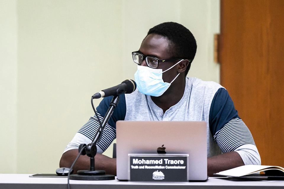 Truth and Reconciliation Commissioner Mohamed Traore speaks during a council work session, Tuesday, Aug. 17, 2021, at The Center in Iowa City, Iowa.