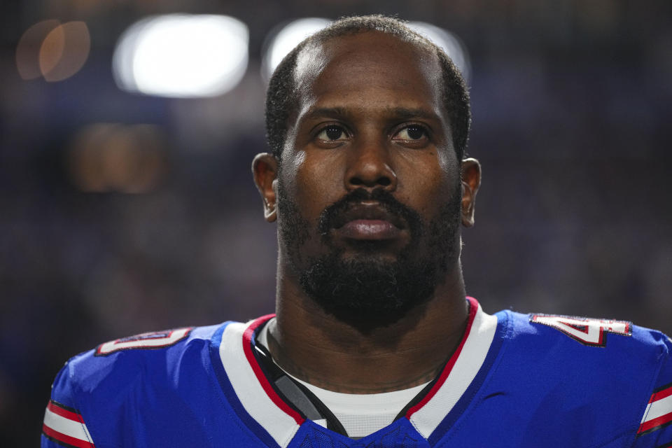 Von Miller of the Buffalo Bills has a warrant out for his arrest. (Photo by Cooper Neill/Getty Images)