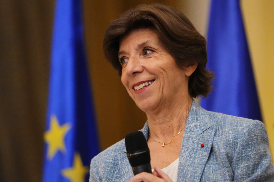 French Foreign and European Affairs Minister Catherine Colonna gestures as she speaks during a press conference at the Pine Palace, which is the residence of the French ambassador, in Beirut, Lebanon, Monday, Oct. 16, 2023. France's top diplomat Monday said the tense situation along the Lebanon-Israel border is "worrying and dangerous" and urged for restraint. (AP Photo/Hassan Ammar)