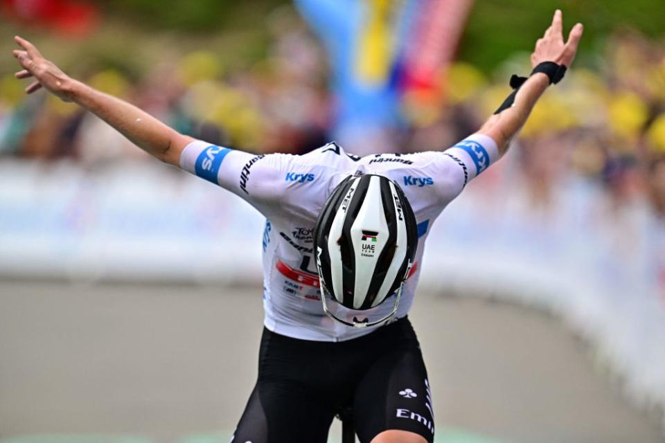 TOPSHOT  UAE Team Emirates Slovenian rider Tadej Pogacar cycles to the finish line to win the 6th stage of the 110th edition of the Tour de France cycling race 145 km between Tarbes and CauteretsCambasque in the Pyrenees mountains in southwestern France on July 6 2023 Photo by Marco BERTORELLO  AFP Photo by MARCO BERTORELLOAFP via Getty Images