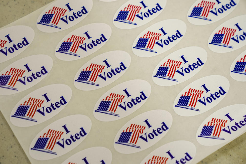 "I Voted" stickers are set out at a polling place in Newtown, Pa., Tuesday, April 23, 2024. (AP Photo/Matt Rourke)