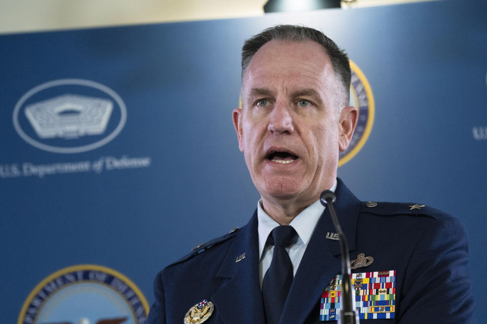 Pentagon spokesman Air Force Brig. Gen. Patrick Ryder speaks during a briefing at the Pentagon in Washington, Thursday, March 30, 2023. (AP Photo/Manuel Balce Ceneta)