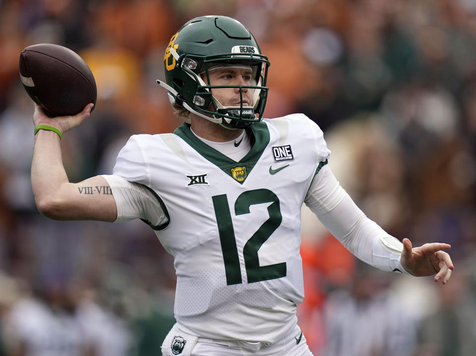 FILE - Baylor quarterback Blake Shapen looks to throw against Texas during the first half of an NCAA college football game in Austin, Texas, Nov. 25, 2022. Baylor opens their season at home against Texas State on Sept. 2. (AP Photo/Eric Gay, File)