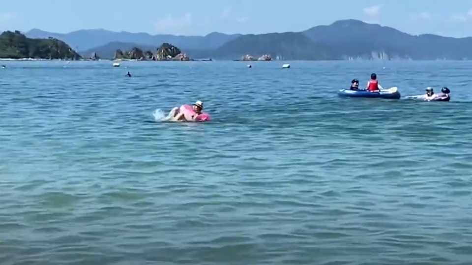 A dolphin emerges from the shallow water by a woman swimming in a pink rubber ring.