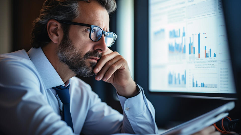 A close-up of a business professional, deep in thought, as they review their financial portfolio and investments.