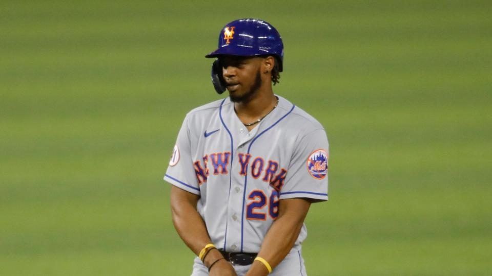 May 21, 2021;  Miami, Florida, USA;  New York Mets center fielder Khalil Lee (26) reacts after connecting for a base hit against the Miami Marlins during the twelfth inning at loanDepot Park.