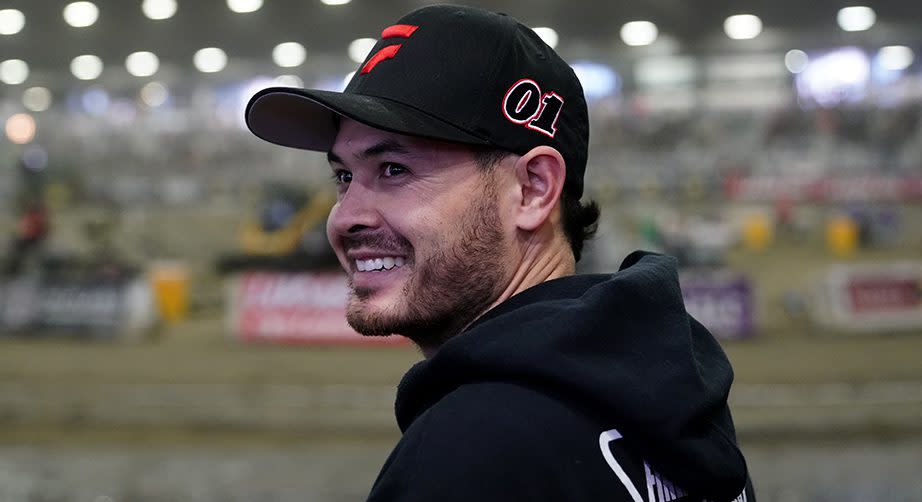 Kyle Larson looks over the track during the 2022 Lucas Oil Chili Bowl Nationals presented by General Tire at Tulsa Expo Raceway in Tulsa, Oklahoma on January 15, 2022. (Nick Oxford/NASCAR)