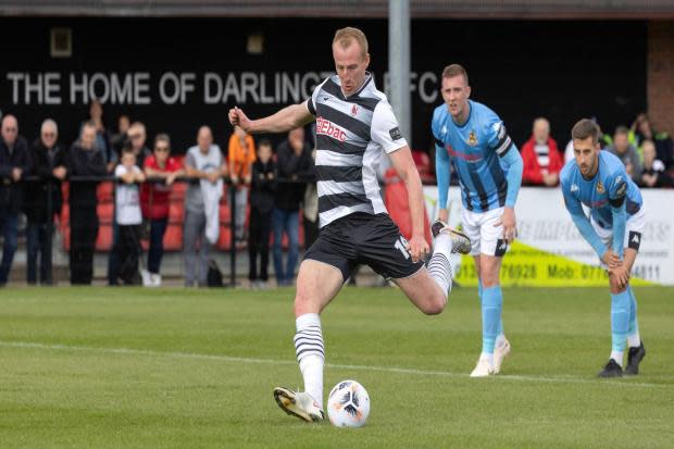 Darlington’s Mark Beck scores from the spot against Southport last Saturday. Picture: STEVE HALLIDAY
