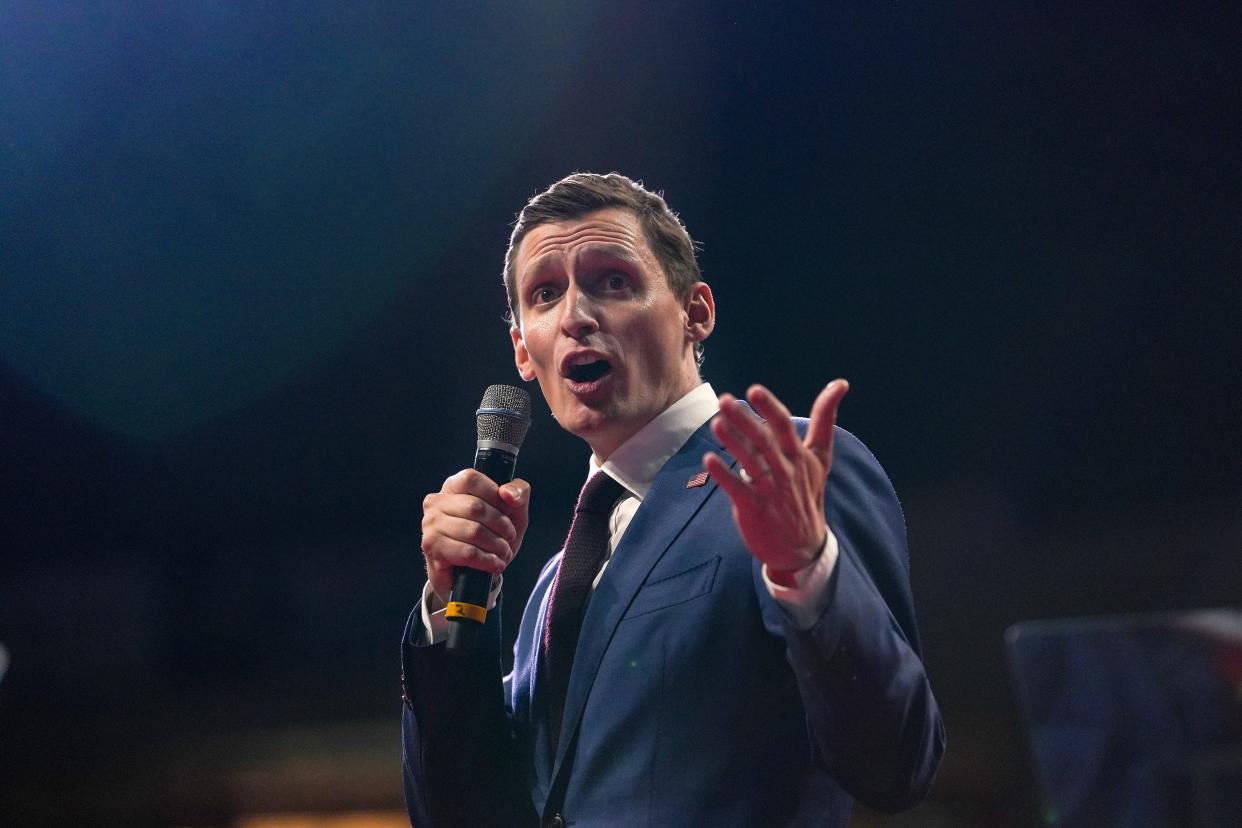 Blake Masters, candidate for U.S. Senate, speaks during a Save America rally at the Findlay Toyota Center on Friday, July 22, 2022, in Prescott Valley.