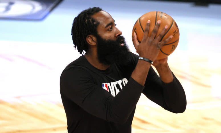 James Harden #13 of the Brooklyn Nets warms up