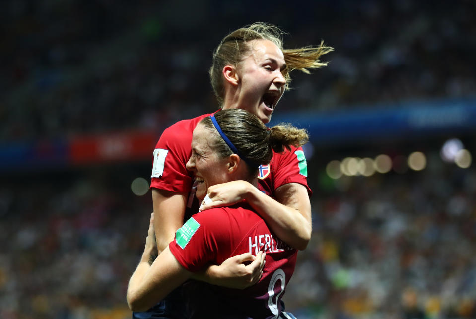 Isabell Herlovsen of Norway celebrates with teammate Caroline Graham Hansen after scoring her team's first goal during the 2019 FIFA Women's World Cup France Round Of 16 match between Norway and Australia at Stade de Nice on June 22, 2019 in Nice, France. (Photo by Martin Rose/Getty Images )