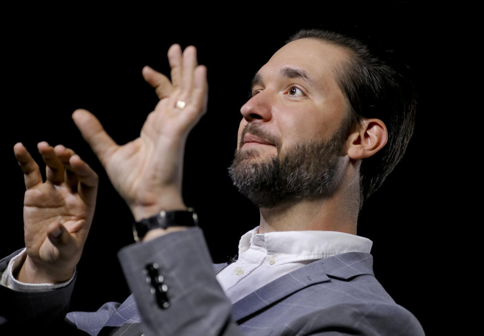 In this Tuesday Feb. 19, 2019, photo Alexis Ohanian, founder of the social media company Reddit, speaks during an interview in New York. Ohanian says he can't imagine how he and Serena Williams would have coped with a new baby if he had not been able to take leave from his job. Now the Reddit co-founder is rallying all men to join the battle cry for paid parental leave in the U.S., the only industrialized country that does not mandate it at the federal level. (AP Photo/Bebeto Matthews)