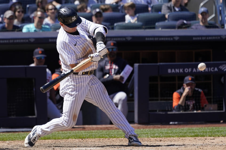 New York Yankees' Josh Donaldson hits a game ending sacrifice fly in the tenth inning of a baseball game against the Detroit Tigers, Sunday, June 5, 2022, in New York. (AP Photo/Mary Altaffer)