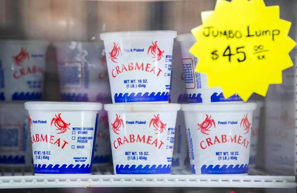 Containers of jumbo lump crab meat are for sale Friday, January 21, 2022, at Chez Francois Seafood in Lafayette, La.