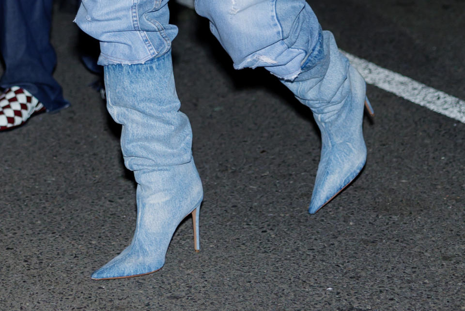 La La Anthony Gets Pointy in Calf-High Denim Retrofête Boots in NYC ...