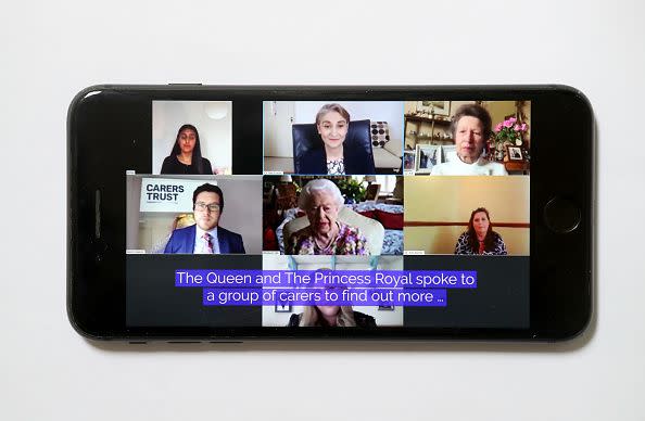 2020: In this photo illustration, Anne, Princess Royal, and Queen Elizabeth II speak to carers via video call to mark Carers Week 2020 on June 11, 2020, in London.