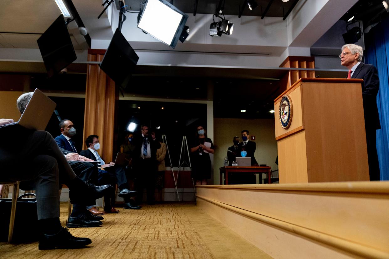 Attorney General Merrick Garland speaks at a news conference at the Department of Justice in Washington, Thursday, Aug. 5, 2021.