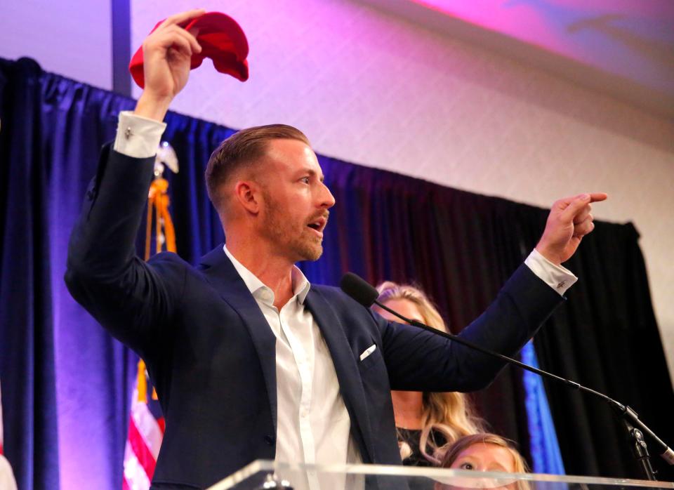 Republican candidate Ryan Walters speaks to a GOP election night watch party crowd in Oklahoma City on Tuesday, Nov. 8, 2022. Walters defeated his Democratic opponent, Jena Nelson, 57% to 43%.