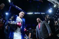 Sep 15, 2018; Las Vegas, NV, USA; Gennady Golovkin enters the arena to face Canelo Alvarez (not pictured) in the middleweight world championship boxing match at T-Mobile Arena. Alvarez won via majority decision. Mandatory Credit: Joe Camporeale-USA TODAY Sports