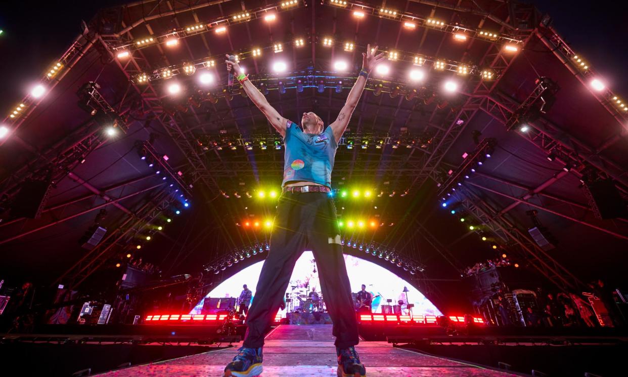 <span>Chris Martin fronts headliners Coldplay on the Pyramid Stage at Glastonbury<br>on Saturday night.</span><span>Photograph: David Levene/The Observer</span>