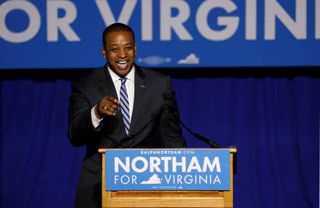 FILE PHOTO: Virginia Lieutenant Governor-elect Justin Fairfax speaks at Virginia Governor-elect Ralph Northam's election night rally on the campus of George Mason University in Fairfax, Virginia, U.S., November 7, 2017. REUTERS/Aaron P. Bernstein/File Photo