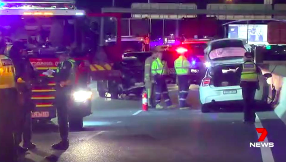 A BMW ploughed into an SUV on the outbound lanes of Citylink near Flemington Road. Source: 7 News