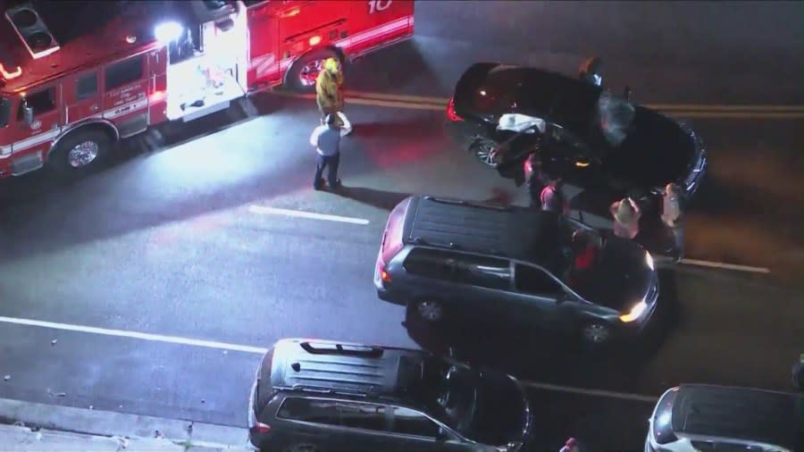 Photos of the scene where stolen vehicle suspects crashed into Alberto Castaneda on Jan. 3, 2024. (KTLA)