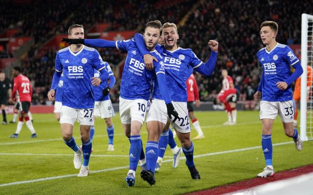 James Maddison, centre left, celebrates his goal against Southampton