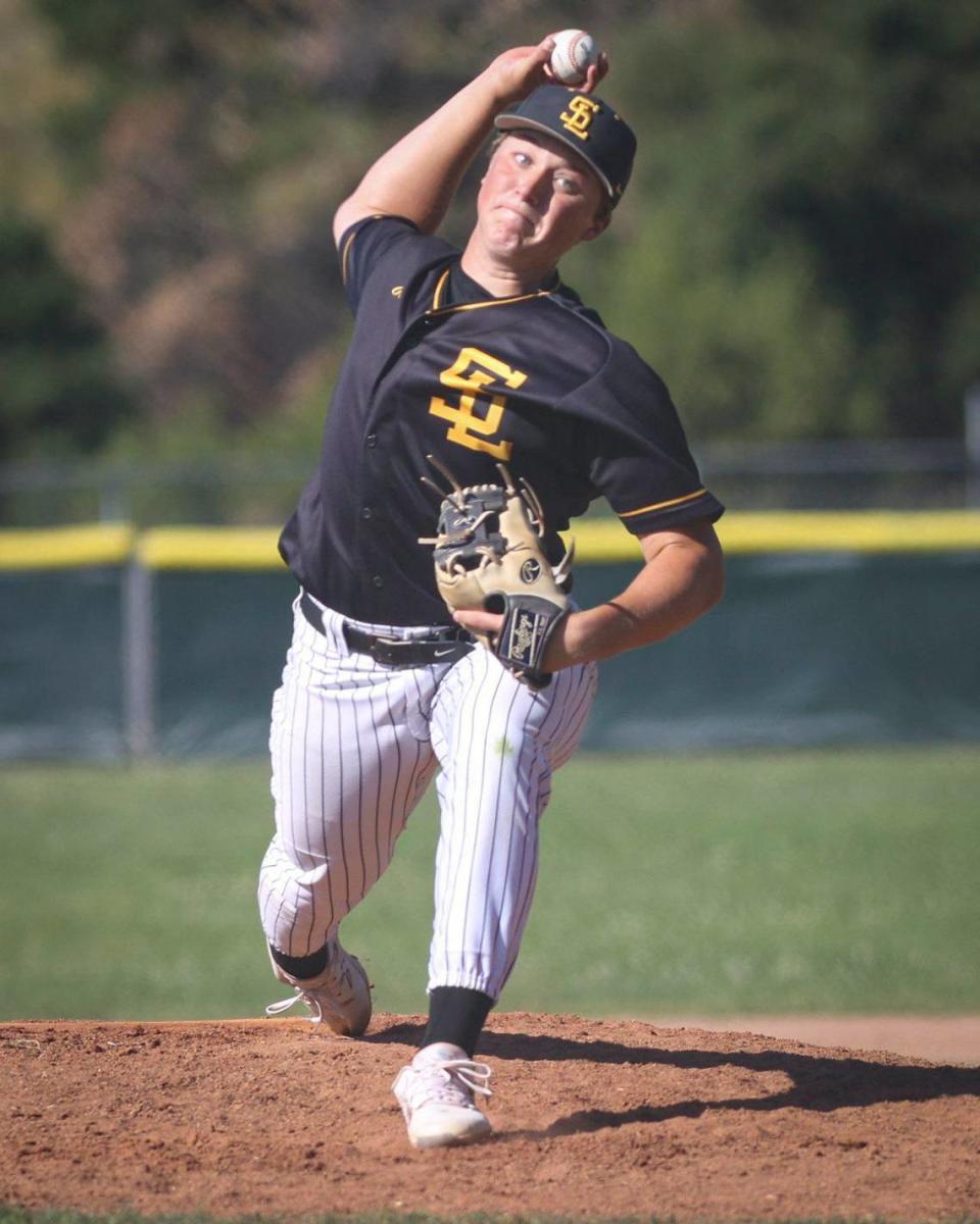 Tyler Stephens pitches for the Tigers. Atascadero won 8-3 over San Luis Obispo in a baseball game May 3, 2024. David Middlecamp