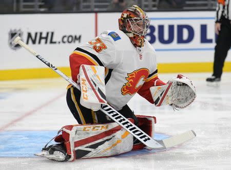 November 10, 2018; Los Angeles, CA, USA; Calgary Flames goaltender David Rittich (33) defends the goal against the Los Angeles Kings during the second period at Staples Center. Gary A. Vasquez-USA TODAY Sports