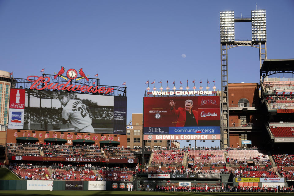 Former St. Louis Cardinals player and broadcaster Mike Shannon is remembered before the start of a baseball game between the Cardinals and the Los Angeles Angels Tuesday, May 2, 2023, in St. Louis. The two-time World Series winner died Saturday night in St. Louis. He was 83. (AP Photo/Jeff Roberson)