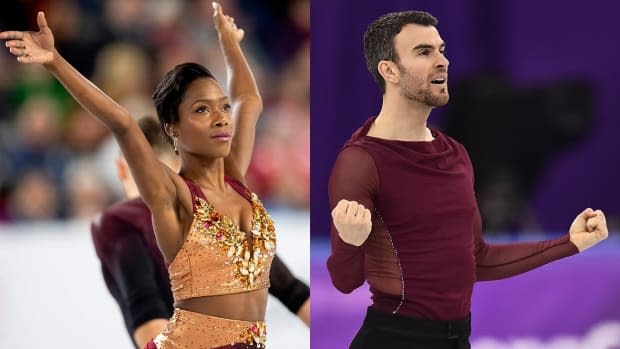 Vanessa James, left, and Eric Radford, right, made their international debut as a team at the Skate Canada Autumn Classic International in Montreal on Thursday. (Getty Images - image credit)