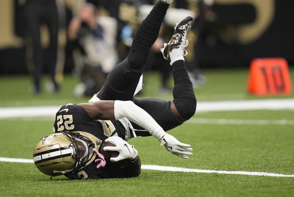 New Orleans Saints wide receiver Rashid Shaheed (22) dives into the end zone for a touchdown during the first half of an NFL football game against the Carolina Panthers, Sunday, Sept. 8, 2024, in New Orleans. (AP Photo/Gerald Herbert)