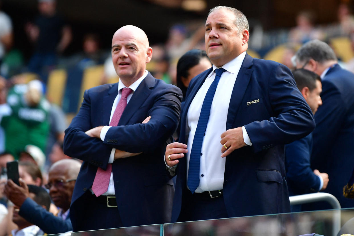 Jul 16, 2023; Inglewood, California, USA; FIFA president Gianni Infantino and CONCACAF president Victor Montagliani in attendance for the Gold Cup final match between Mexico and Panama at SoFi Stadium. Mandatory Credit: Gary A. Vasquez-USA TODAY Sports