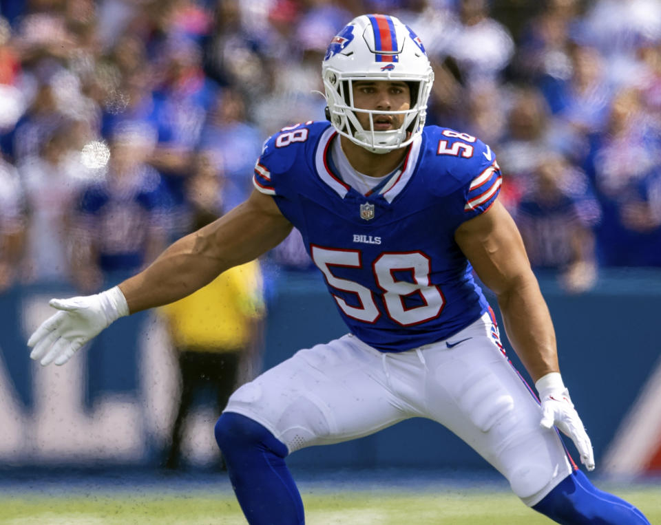 FILE - Buffalo Bills linebacker Matt Milano defends during an NFL football game against the Las Vegas Raiders, Sept. 17, 2023, in Orchard Park, NY. Milano hurt his knee during a game against the Jacksonville Jaguars, Sunday, Oct. 8, 2023, at London's Tottenham Hotspur Stadium. (AP Photo/Matt Durisko, File)