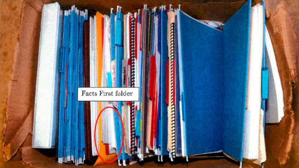 PHOTO: This image shows a box of files, found in the garage of President Joe Biden and annotating the 'Facts First folder' where classified documents relating to Afghanistan were found in Wilmington, Del., during a search by the FBI on Dec. 21, 2022. (Justice Department via AP)