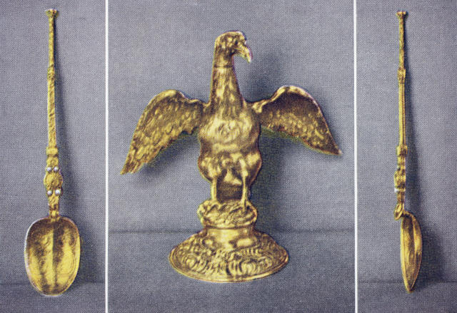 The Ampulla and two views of the Anointing Spoon. Gold, eagle-shaped vessel from which the anointing oil is poured by the Archbishop of Canterbury at the anointing of a new British sovereign at their coronation. From The Queen The Lady&#39;s Newspaper published 1935. (Photo by: Universal History Archive/Universal Images Group via Getty Images)
