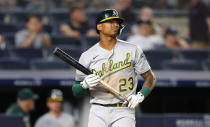 Oakland Athletics first baseman Christian Bethancourt (23) reacts after striking out against the New York Yankees during the ninth inning of a baseball game, Tuesday, June 28, 2022, in New York. (AP Photo/Noah K. Murray)