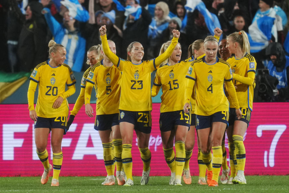 Sweden's Rebecca Blomqvist (15) celebrates after scoring the opening goal for her teammates during the Women's World Cup Group G match between Argentina and Sweden in Hamilton, New Zealand, Wednesday, August 2, 2023 (AP Photo/Abbie Parr)