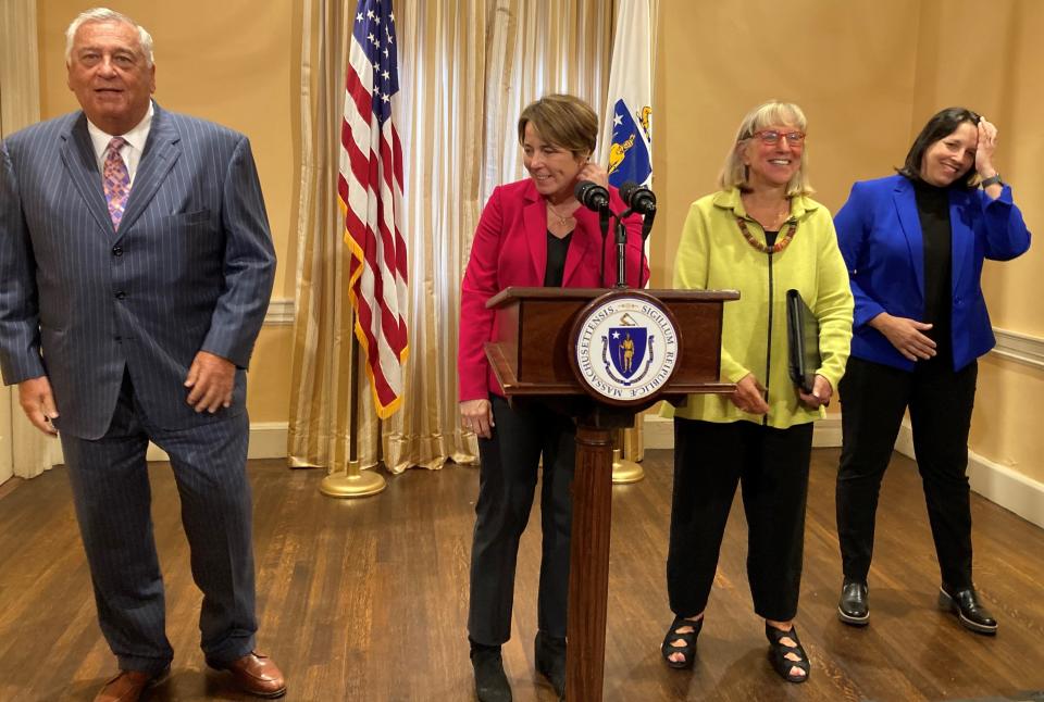 Massachusetts legislative leadership team, from left, House Speaker Ron Mariano, D-Quincy, Gov. Maura Healey, Senate President Karen Spilka, D-Ashland and Lt. Gov. Kimberly Driscoll, D-Salem.