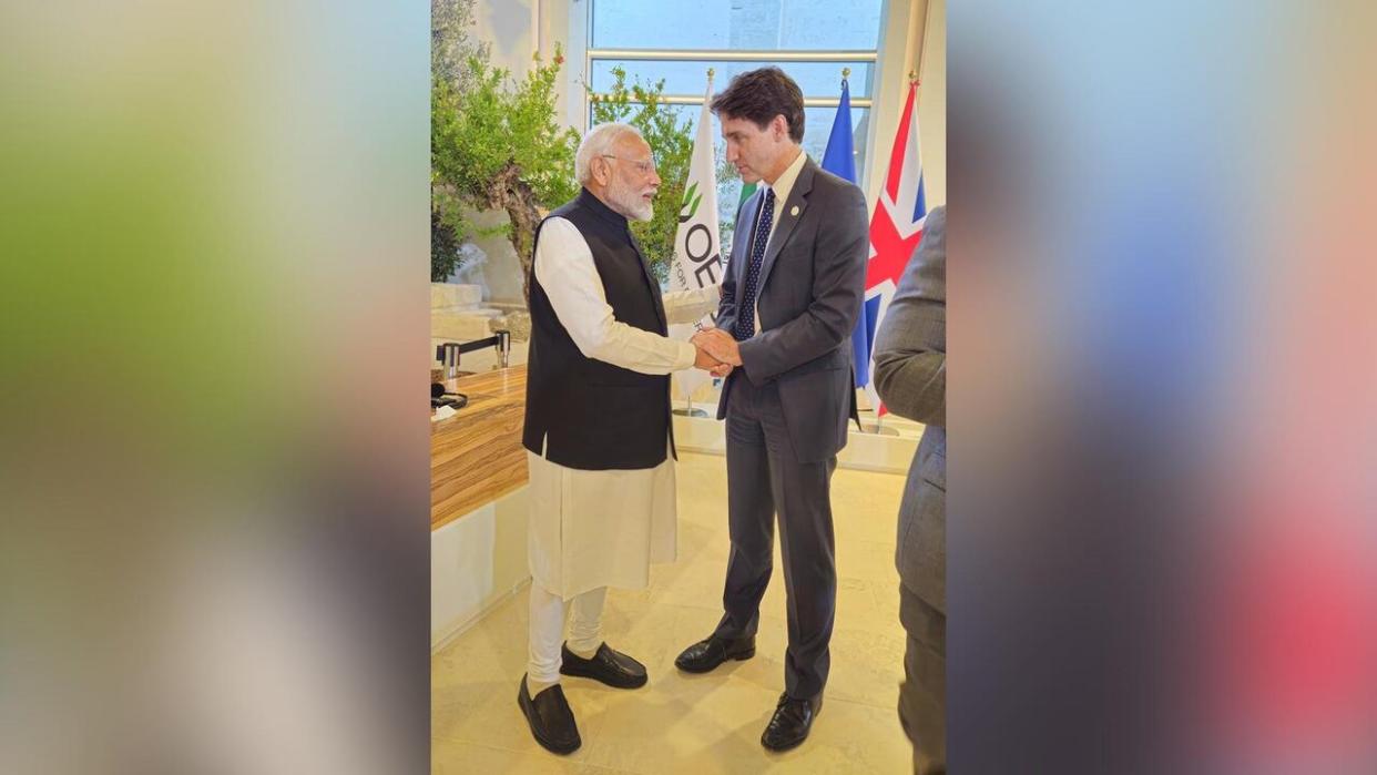 Prime Minister Justin Trudeau and Indian Prime Minister Narendra Modi meet on the sidelines of the G7 summit in Apulia, Italy on Friday, June 14, 2023. (Narendra Modi/X - image credit)