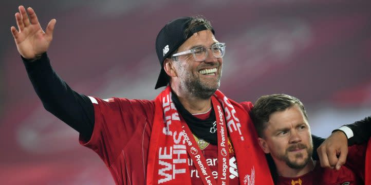 Liverpool manager Jurgen Klopp celebrates the Premier League title, Anfield, 22 July 2020. Credit: PA Images