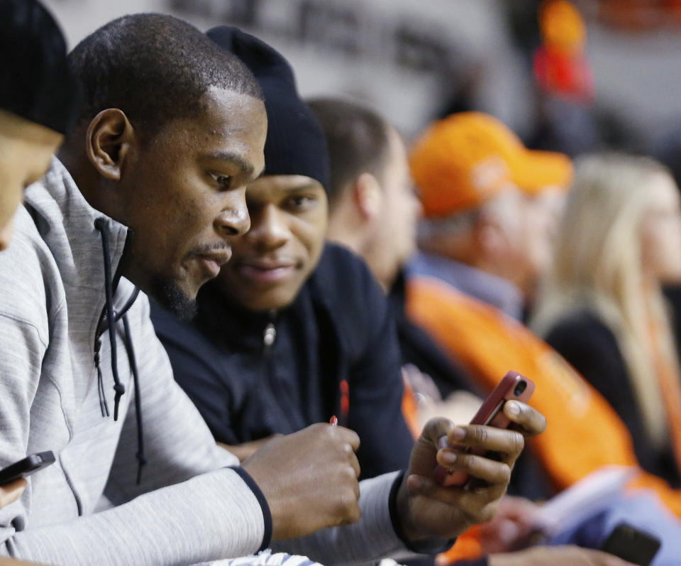 Maybe Russell Westbrook knows Kevin Durant’s alternate Twitter identity. (AP)